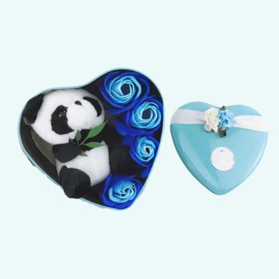 Panda plush light blue boxed set Valentine's day on a light blue background.