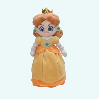 Mario's Princess Daysi soft toy, dressed in a yellow gown, wearing a crown, with a smiling face and open arms. A tender, joyful object with a fairy-tale charm against a plain background.