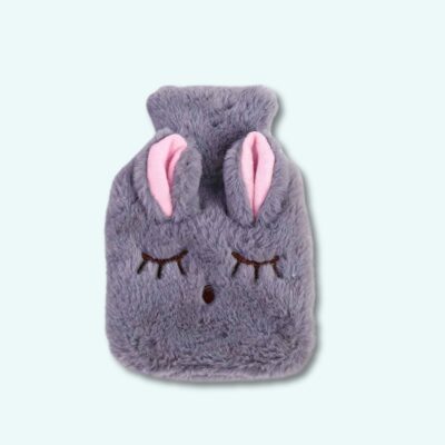 Heated rabbit plush grey on a light blue background.
