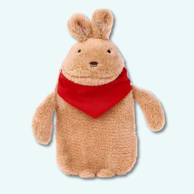 Rabbit plush with laces on a light blue background.