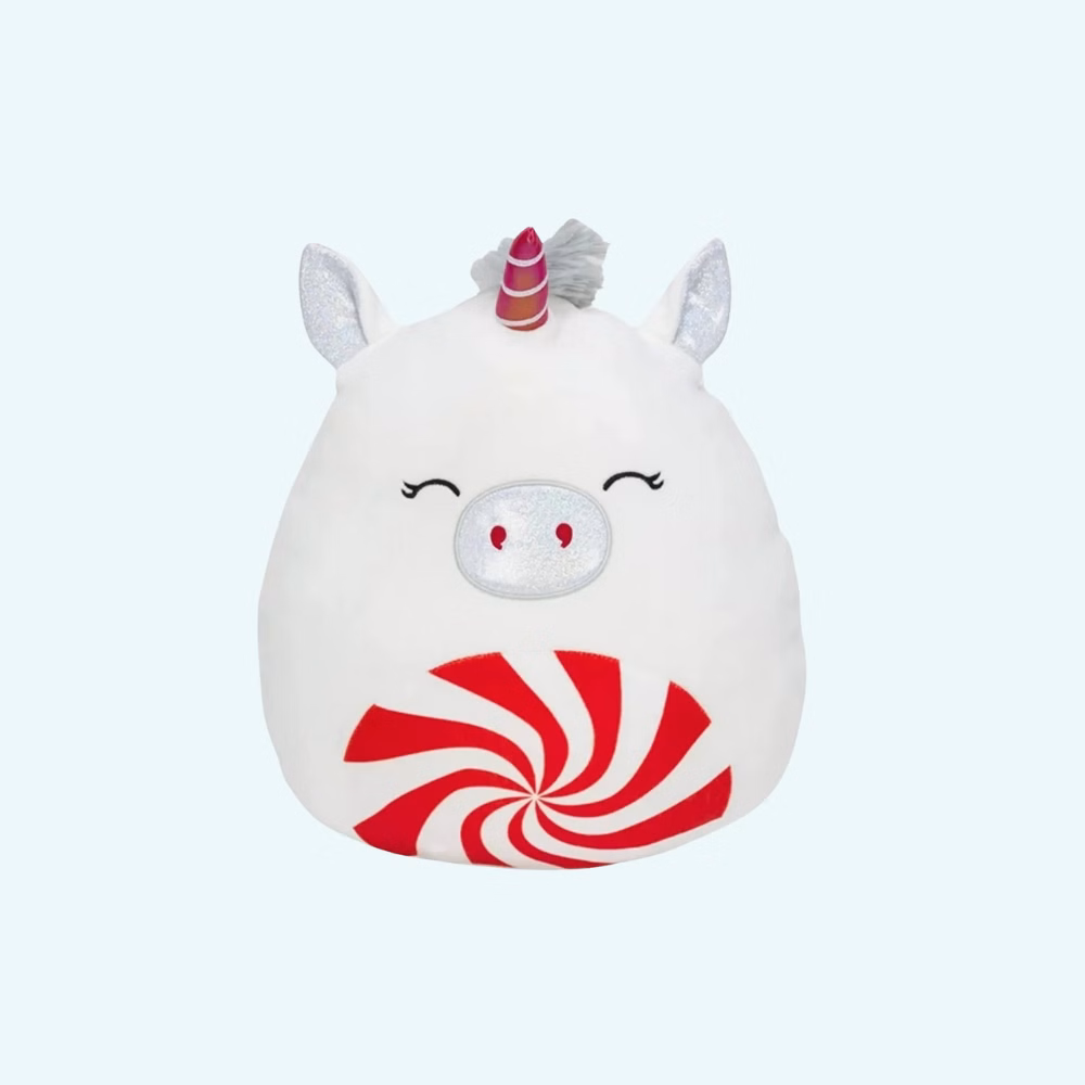 Img_01_25_Peluche_Squismallow_Licorne_Mignonne_1.Jpg Soft Squishmallow plush shaped like a white unicorn with glittery ears, a multicolored horn, and a smiling face. On its belly, a red and white spiral candy design adds a festive and joyful touch.