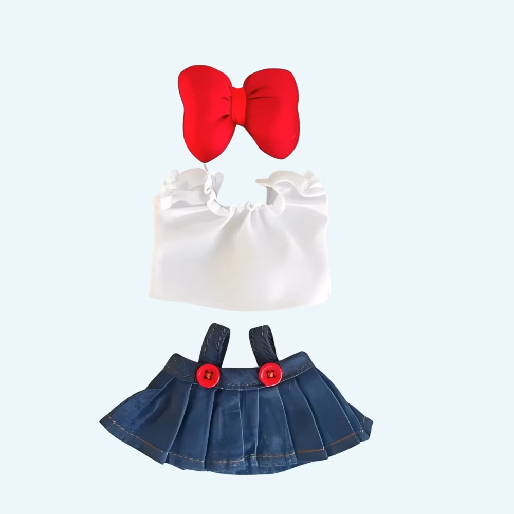 Img_07_2025_Ensemble_De_Vetements_Pour_Peluche_Labubu_2.Jpg Outfit set for Labubu plush with denim skirt with red buttons, white blouse and red bow on light blue background