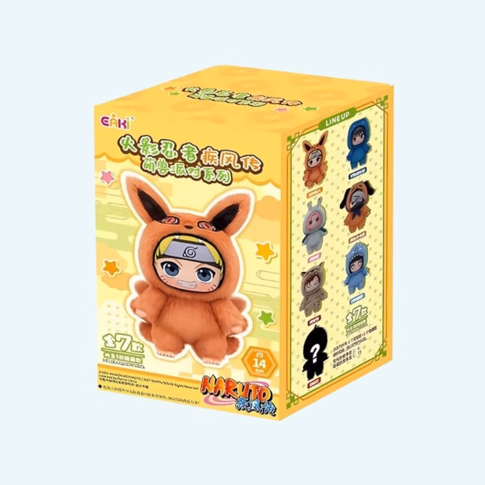 Img_08_2025_Peluche_Naruto_Style_Labubu_Boite_Mystere_1-950X950.Jpg Naruto Plush Labubu Style Mystery Box. Set against a sky-blue background. The box is yellow with the Naruto plush featured on the front.