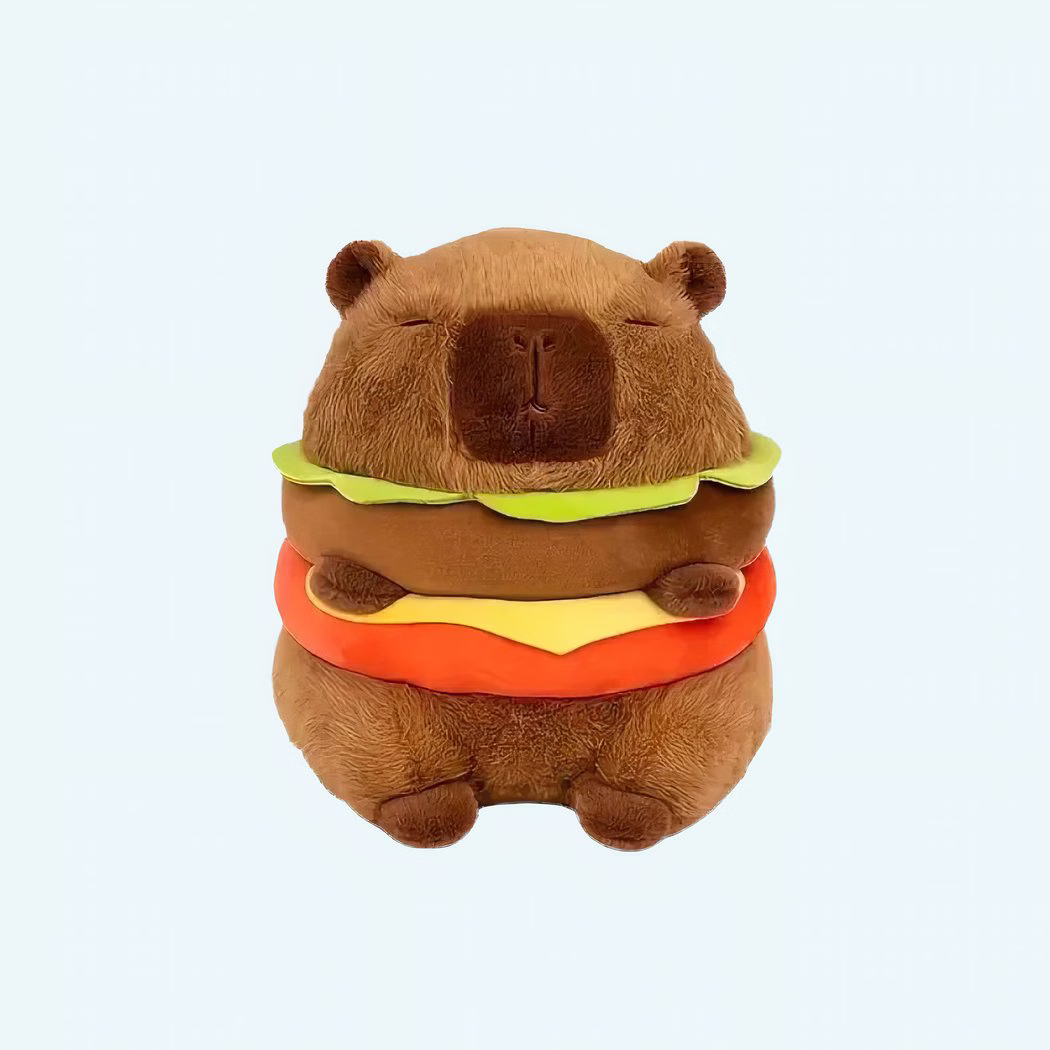Img_06_2025_Peluche_Capybara_Hamburger_1.Jpeg Capybara plush hamburger on a light blue background