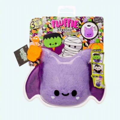 Fluffie Stuffiez Halloween Edition plush shaped like a purple bat on a white background