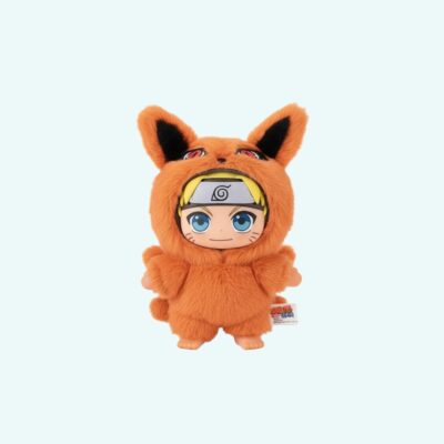 Kawaii plush Labubu style with Naruto Shippûden dressed as an orange fox on sky blue background