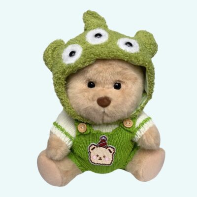 Nino – Handmade Articulated Bear with Green Alien Jumpsuit & Hat